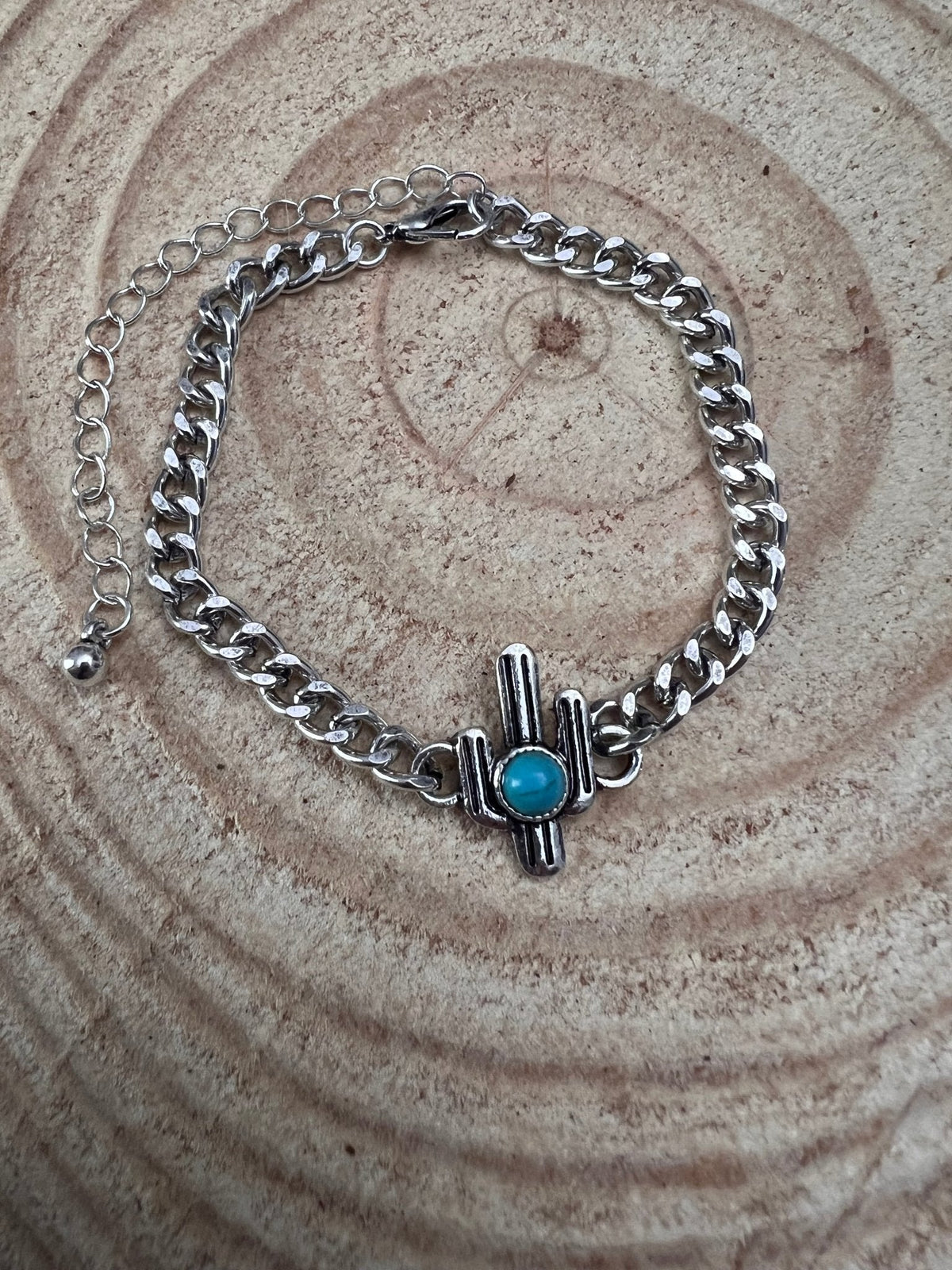 Western Cactus & Faux Turquoise Cuban Chain Bracelet
