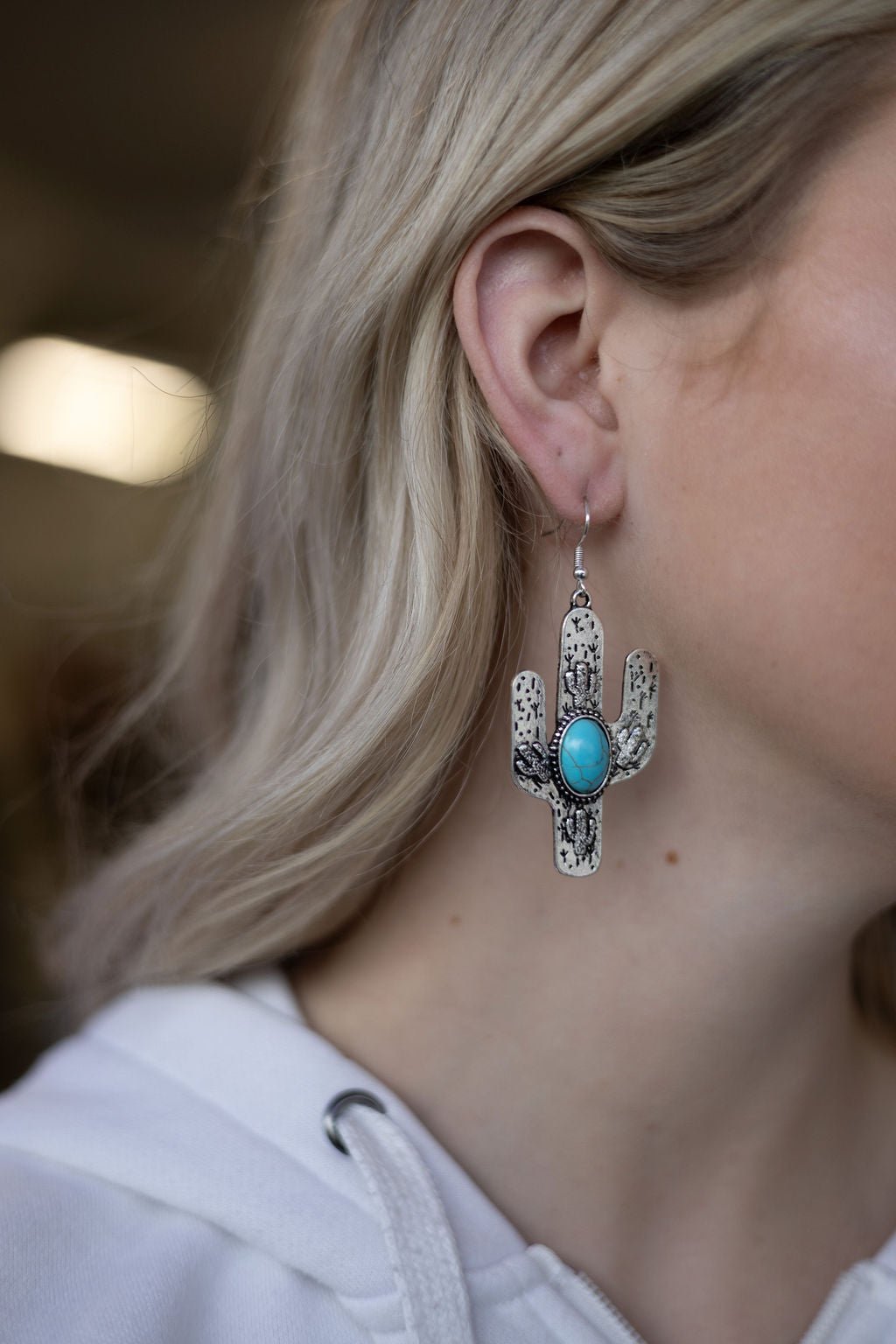 Cactus Dangle Earrings with Faux Turquoise — 2½" Drop