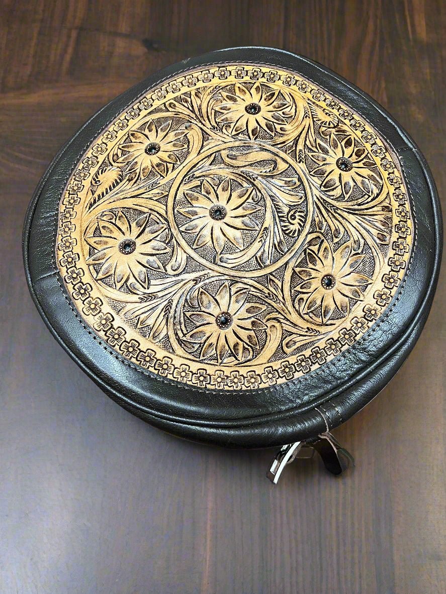 Canteen Western Crossbody Bag — Vintage Distressed Leather Tooled One Side + Hair-on-Hide Other Side (10.5")