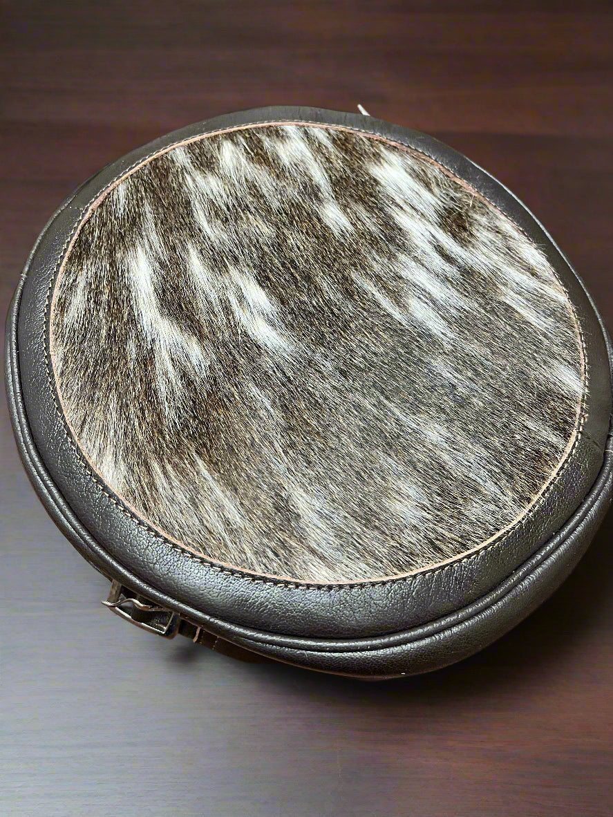 Canteen Western Crossbody Bag — Vintage Distressed Leather Tooled One Side + Hair-on-Hide Other Side (10.5")