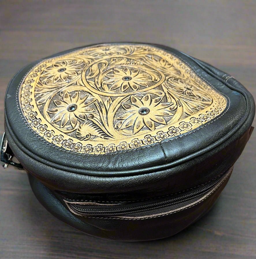 Canteen Western Crossbody Bag — Vintage Distressed Leather Tooled One Side + Hair-on-Hide Other Side (10.5")