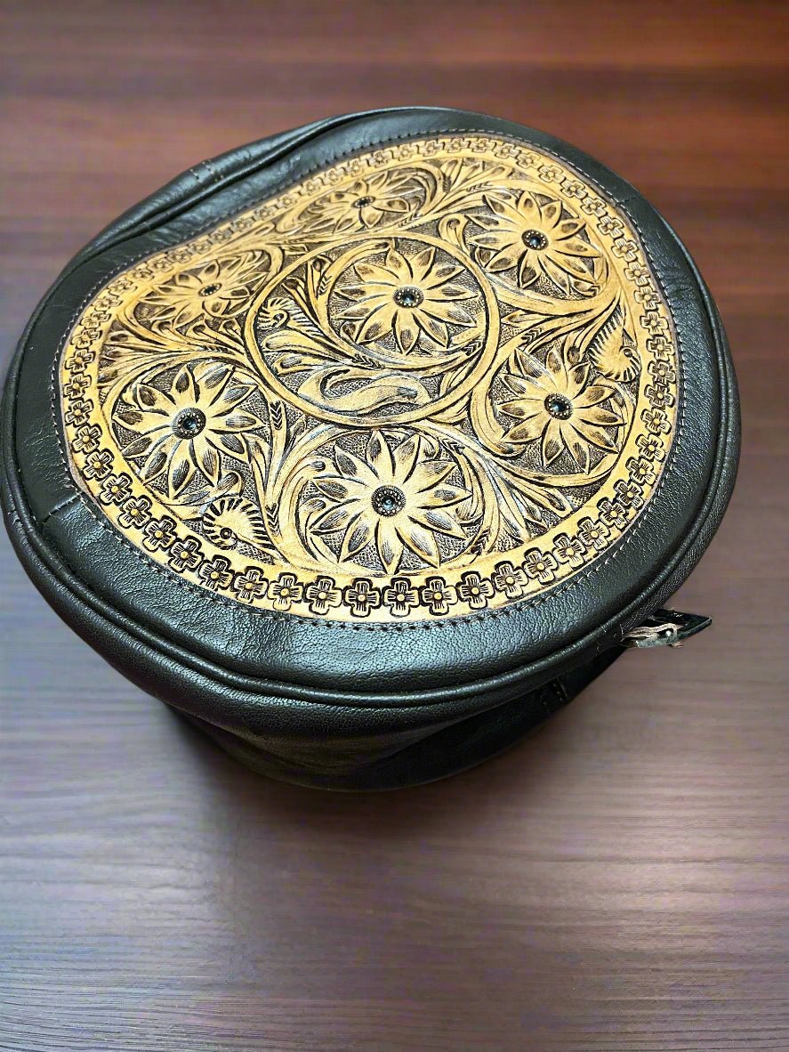 Canteen Western Crossbody Bag — Vintage Distressed Leather Tooled One Side + Hair-on-Hide Other Side (10.5")