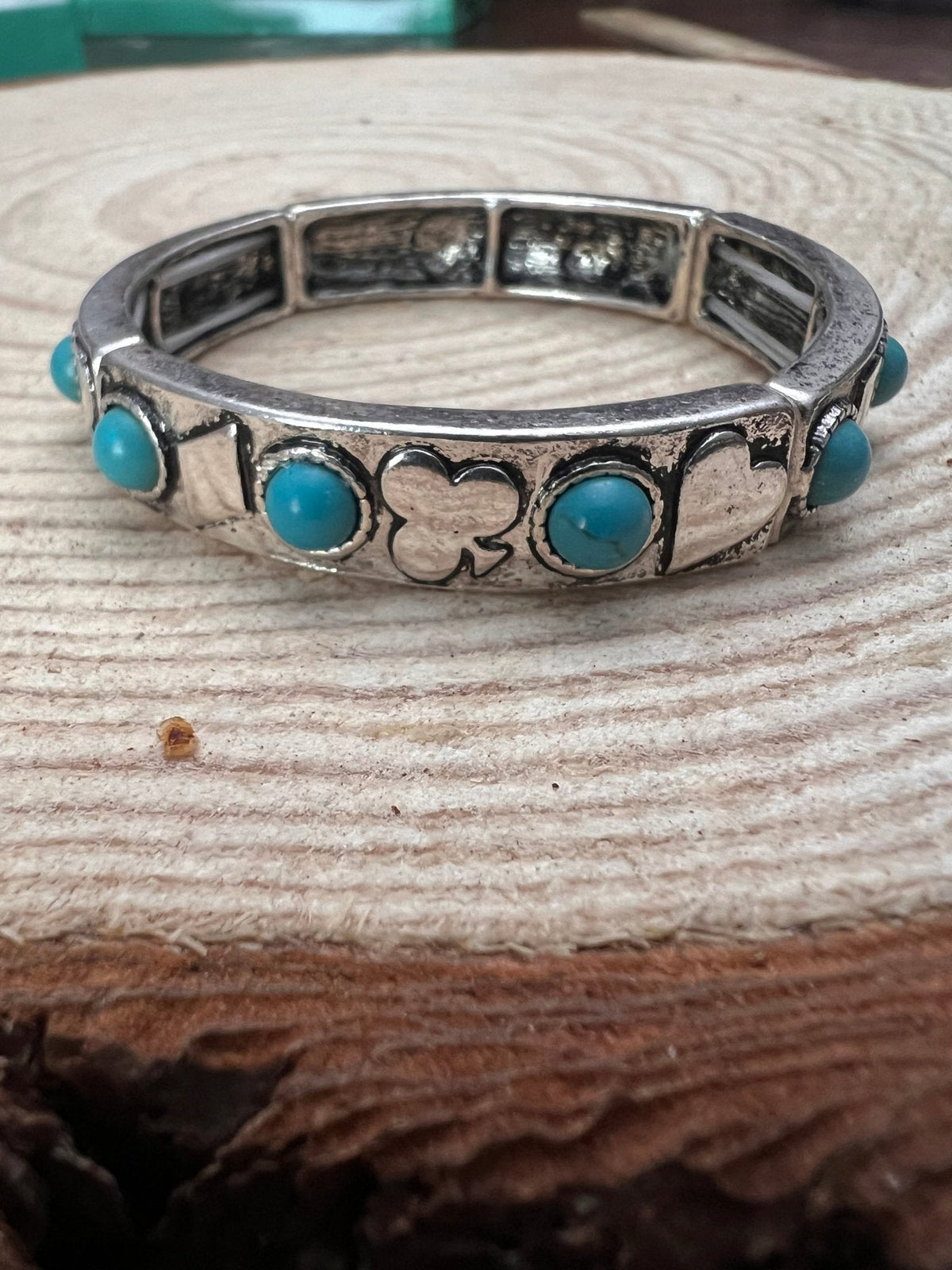 Playing Card Stretch Bracelet with Faux Turquoise Accents