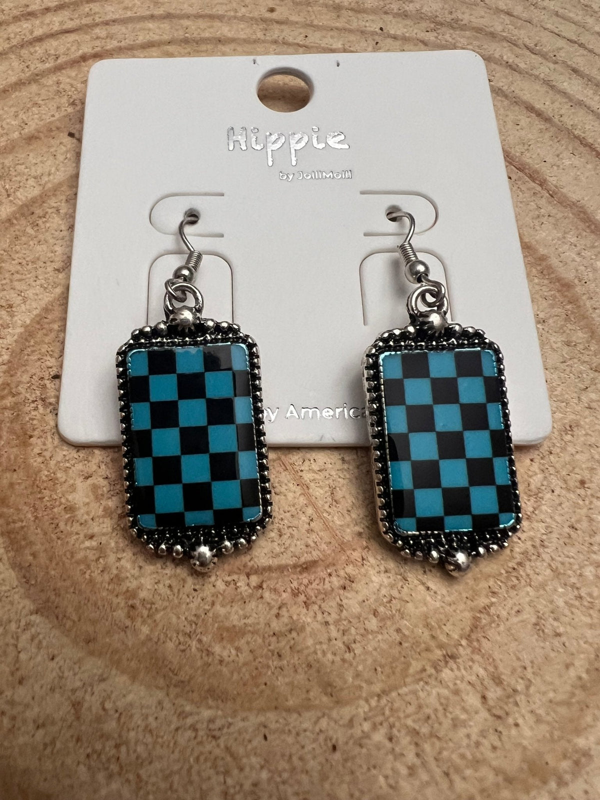 Western Turqoise & Black Checkered Rectangle Earrings — 1½" Drop