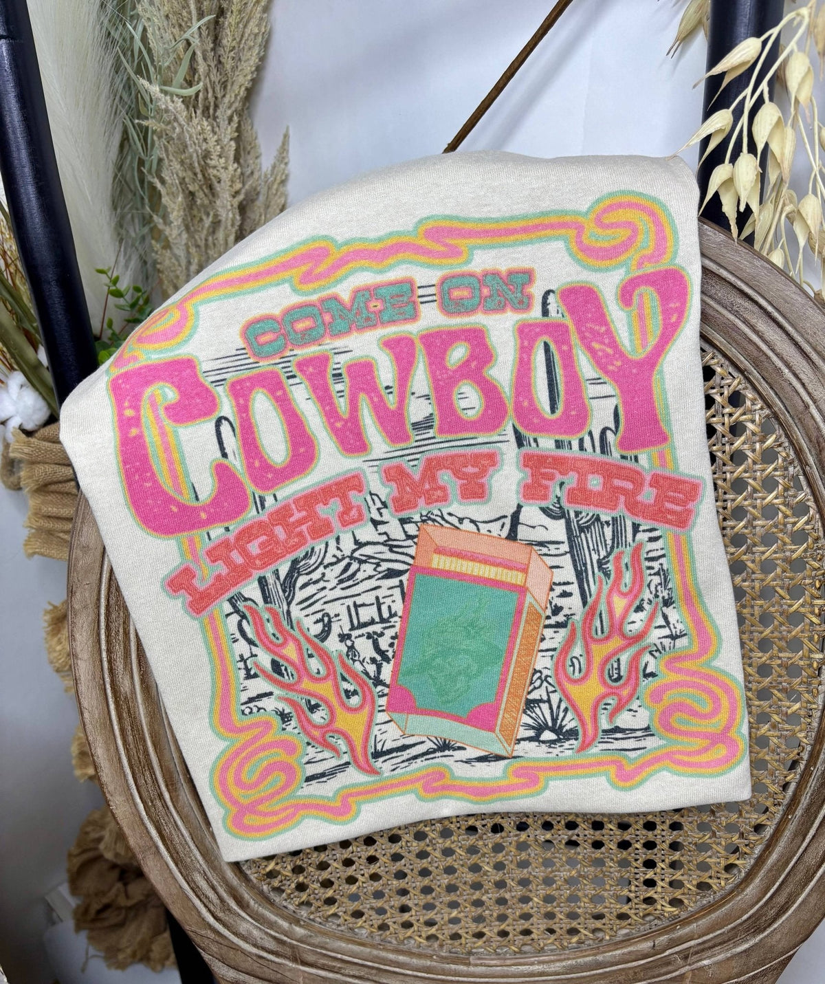 Come on Cowboy, Light My Fire- Retro Western Graphic Tee — Off-White Jerzees Vintage Cowboy Core