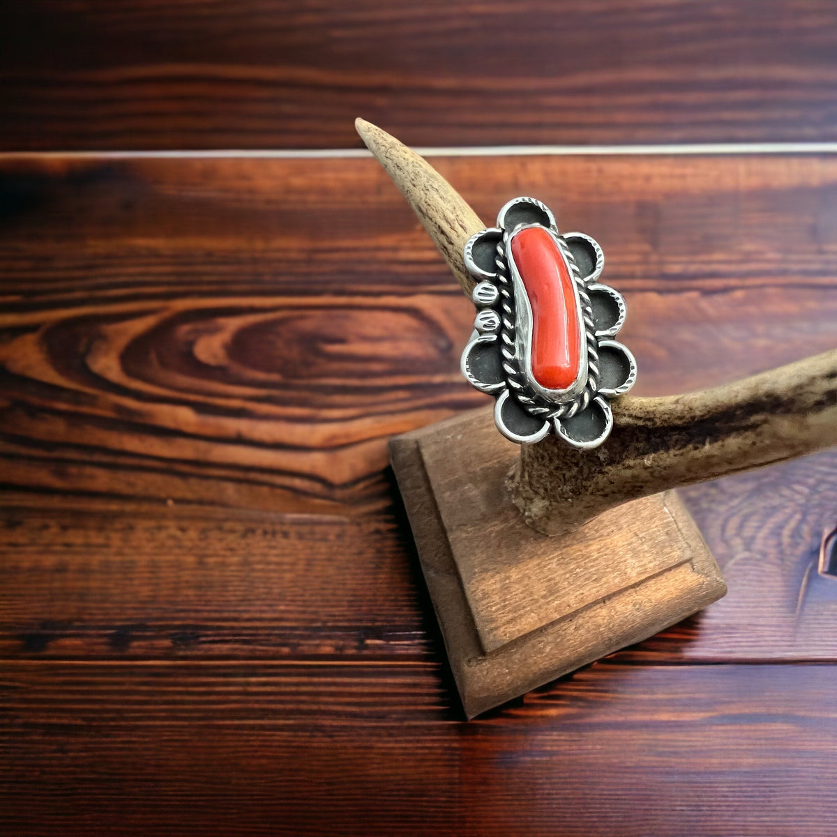 Annie Chapo Hand-Stamped Sterling Silver Coral Ring — Size 7 (Vintage Native American)