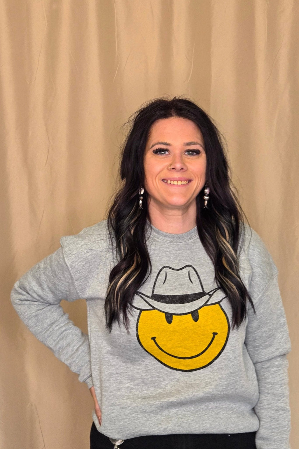 Cowboy Smiley Sweatshirt — Oat Collective Plush Sponge Fleece Screenprint