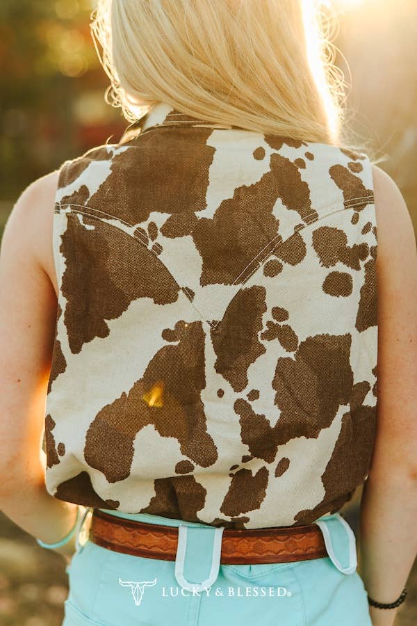 Lucky & Blessed Sleeveless Cowhide Print Denim Western Shirt with Pearl Snaps