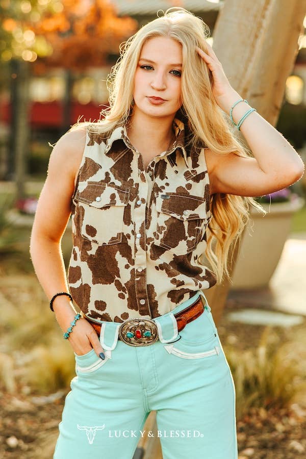 Lucky & Blessed Sleeveless Cowhide Print Denim Western Shirt with Pearl Snaps