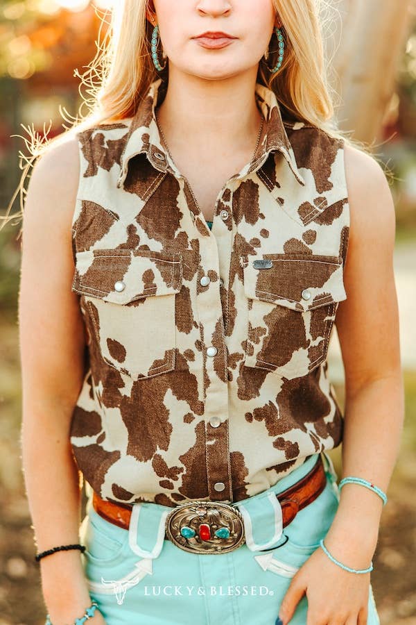 Lucky & Blessed Sleeveless Cowhide Print Denim Western Shirt with Pearl Snaps