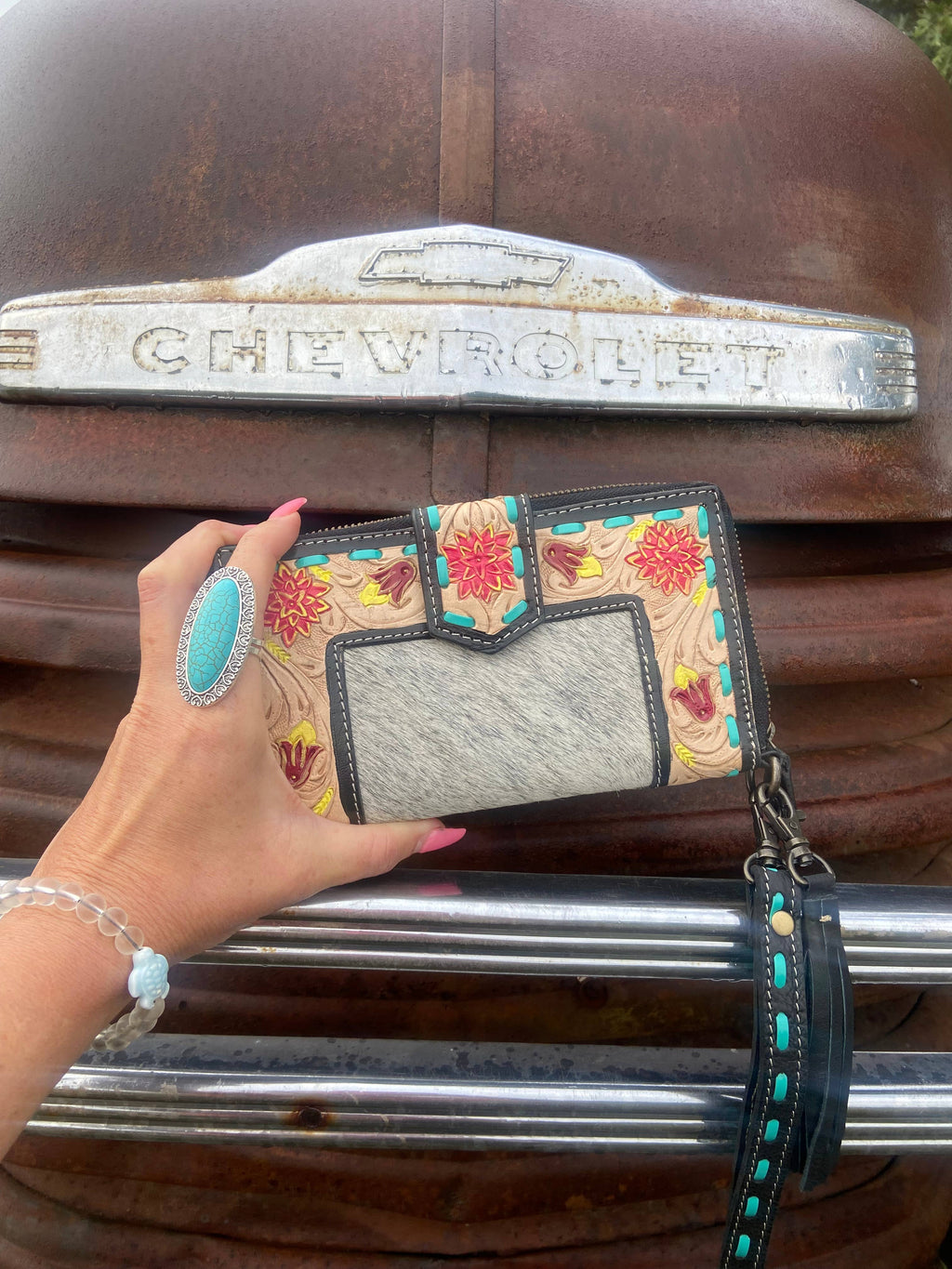 Tooled Leather Cowhide Wristlet Wallet