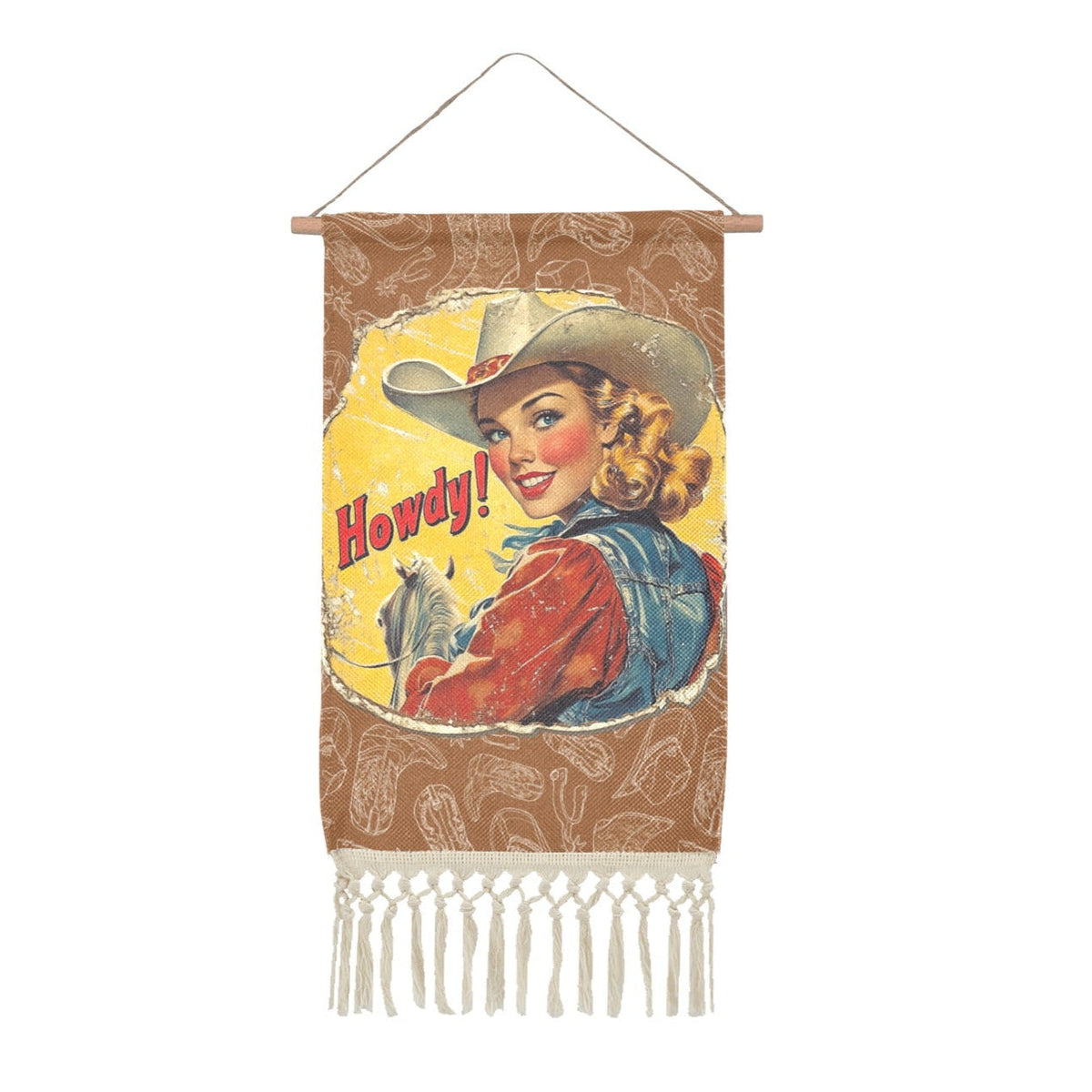 Howdy Vintage Cowgirl Western Wall Decor Linen Hanging Poster with Fringe