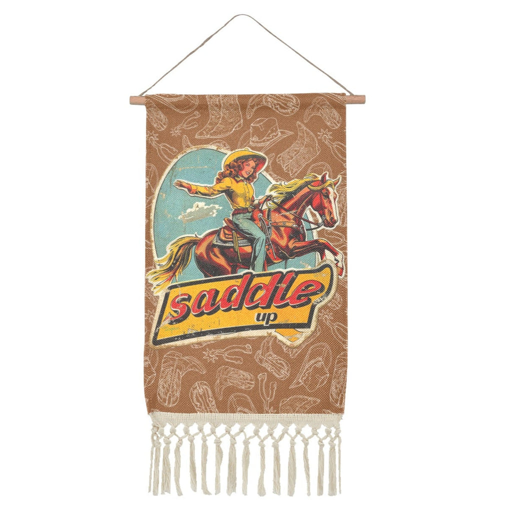Saddle Up Western Wall Decor Linen Hanging Poster with Fringe