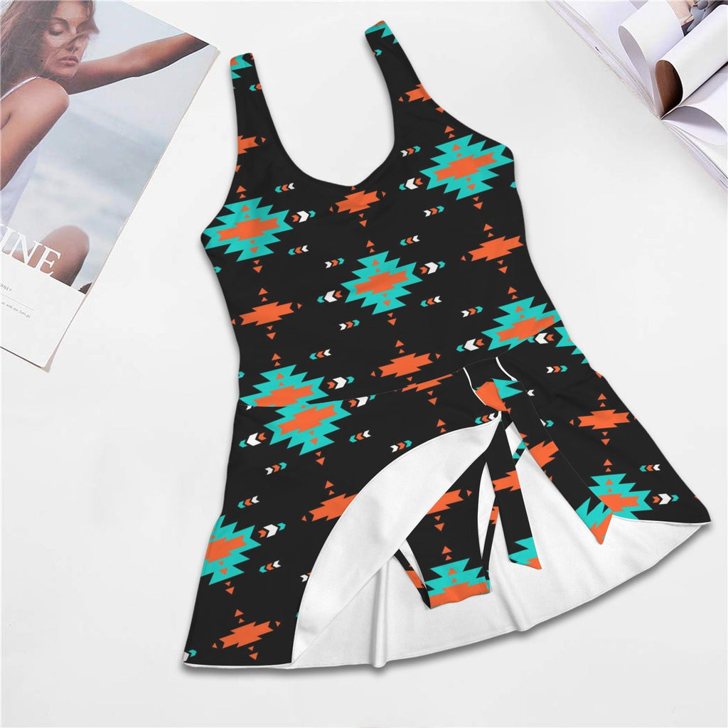 Turquoise Orange Aztec Skirted Swimsuit by Baha Ranch