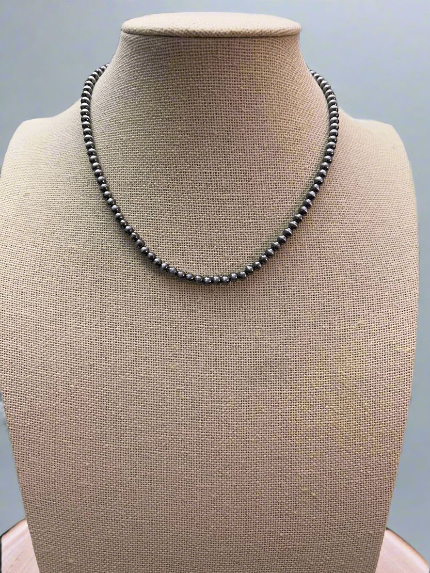 Faux Silver Pearl Western Choker — 4mm Burnished Bead Necklace (12 Inch + Extender)