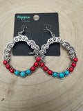 Western Faux Turquoise & Coral Hoop Earrings — 1¾" Drop Southwestern Style