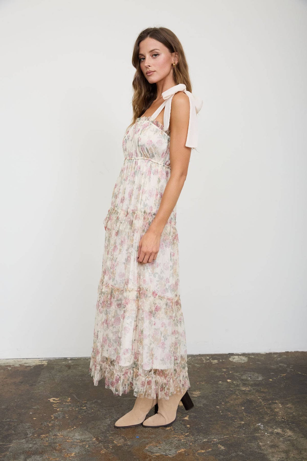 Floral Chiffon Tie Strap Ruffled Tiered Midi Dress - Oatmeal