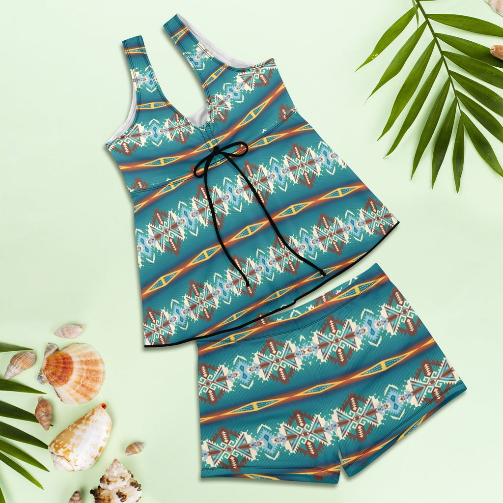 Teal Aztec Tankini & Boy Shorts Swim Set by Baha Ranch