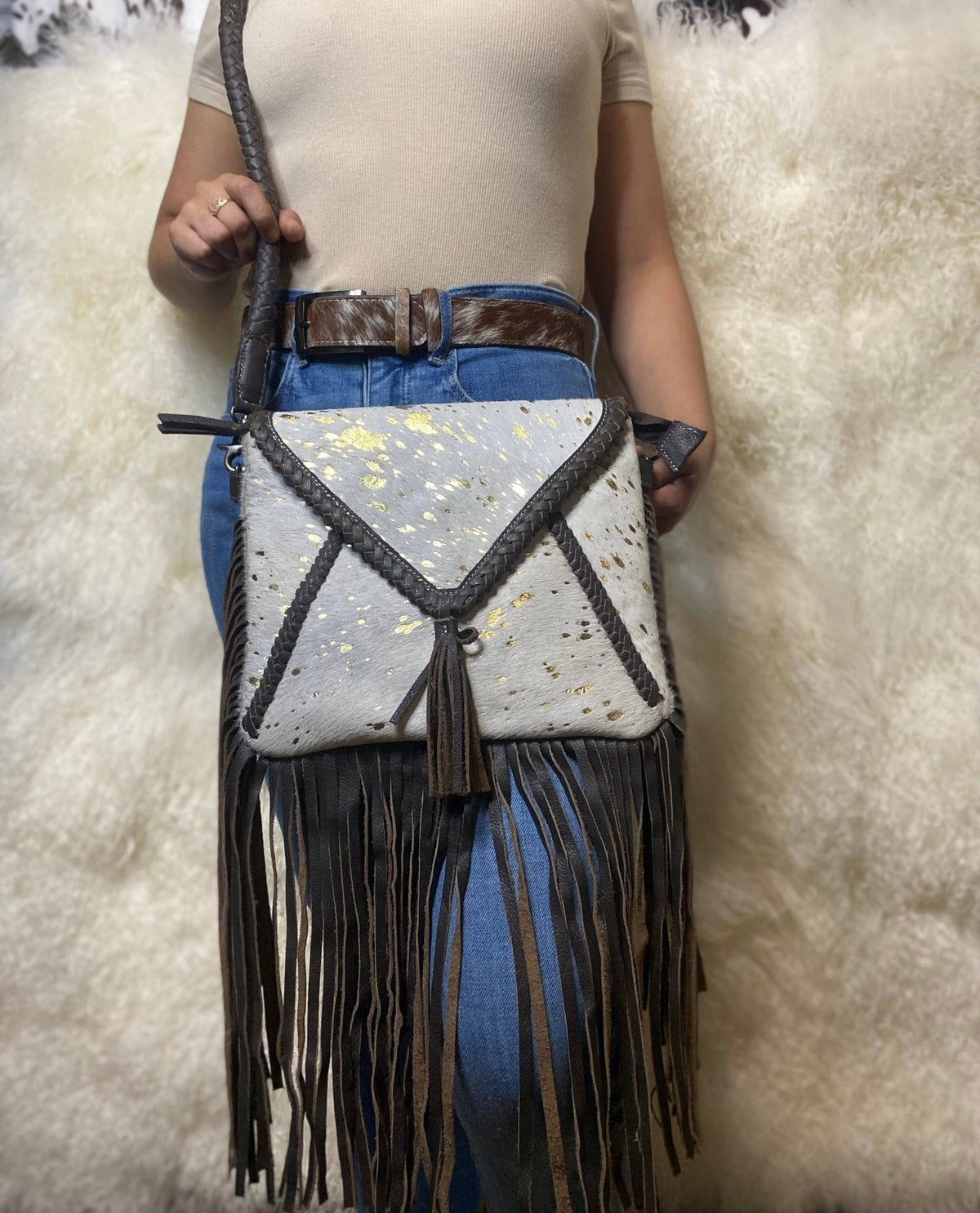 Fringe Cowhide Crossbody Bag — 100% Natural Hide with Acid Wash Gold Leather Rope Strap (11")