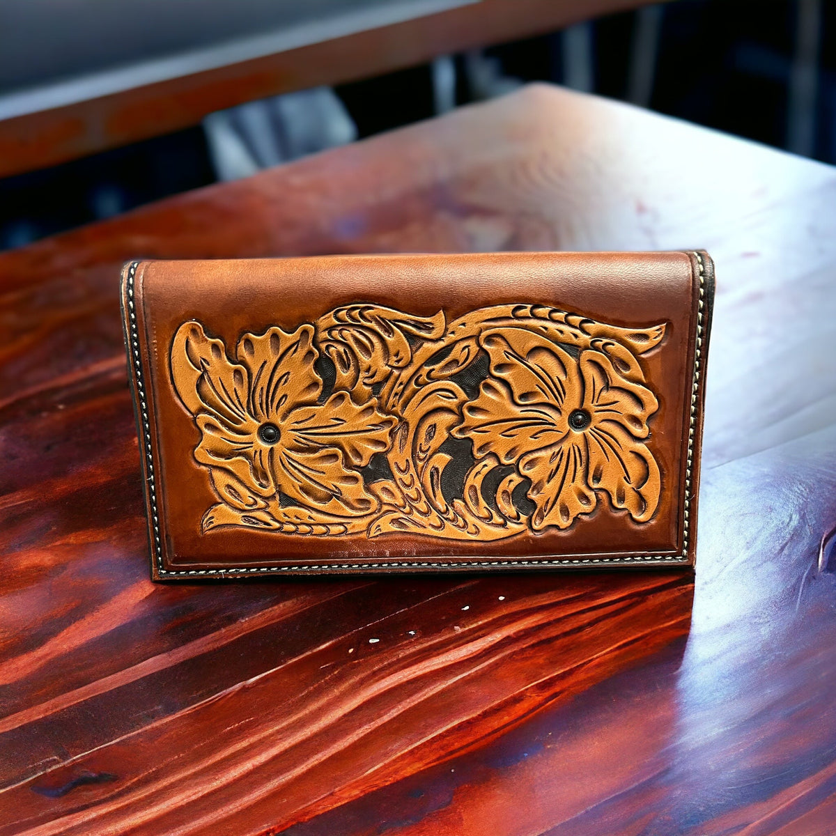 Hand-Tooled Genuine Leather Check Book Cover — JK Custom Leather Western Statement