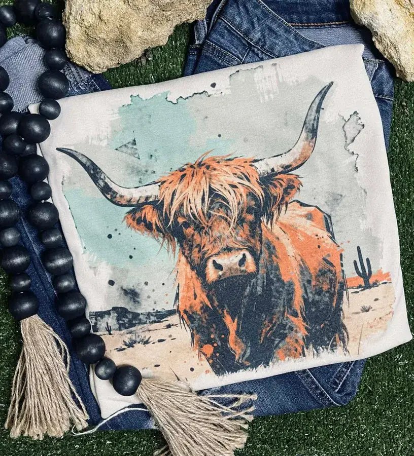 Highland Cow Vintage Western Graphic Tee — Durable Gildan Blend Weathered Western Statement
