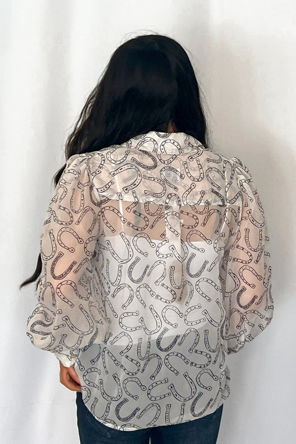 Turquoise Haven Sheer Chiffon Horseshoe Western Blouse — Black & White Lightweight Layering Top (Small and Large remaining)