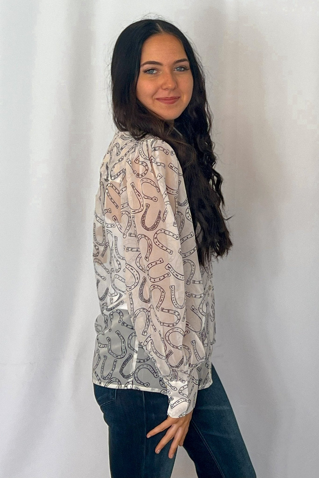 Turquoise Haven Sheer Chiffon Horseshoe Western Blouse — Black & White Lightweight Layering Top (Small and Large remaining)