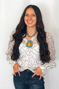 Turquoise Haven Sheer Chiffon Horseshoe Western Blouse — Black & White Lightweight Layering Top (Small and Large remaining)