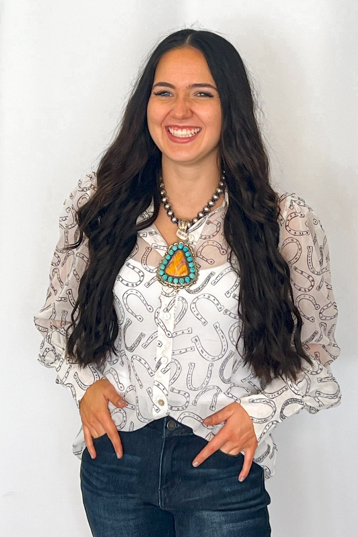 Turquoise Haven Sheer Chiffon Horseshoe Western Blouse — Black & White Lightweight Layering Top (Small and Large remaining)