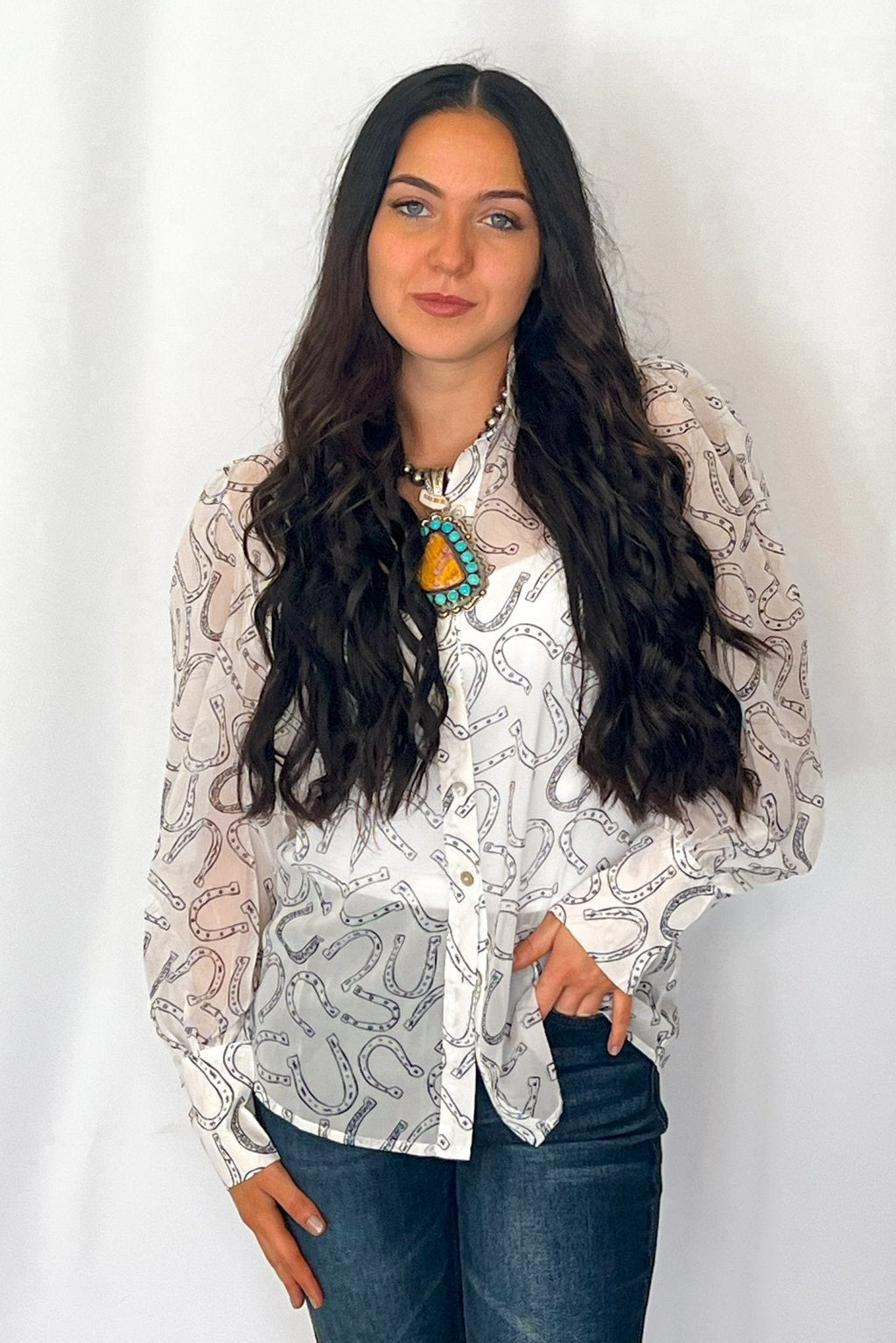Turquoise Haven Sheer Chiffon Horseshoe Western Blouse — Black & White Lightweight Layering Top (Small and Large remaining)