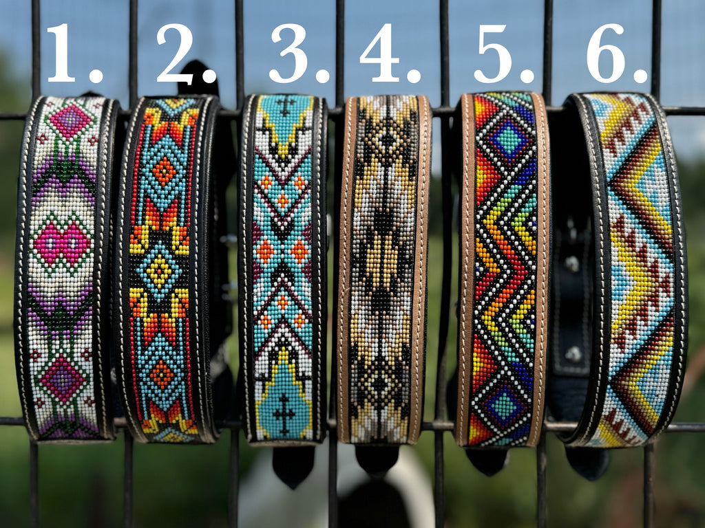 Western leather dog collar tooled & seed bead details by Wild Rags