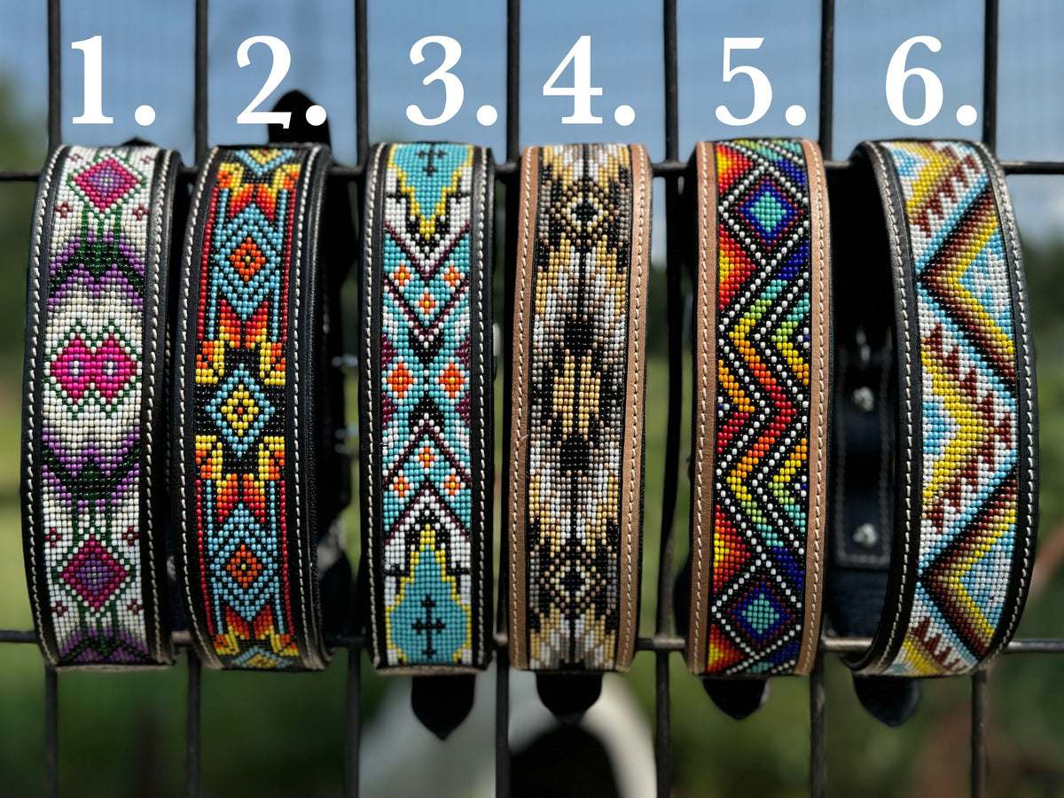 Western leather dog collar tooled & seed bead details by Wild Rags
