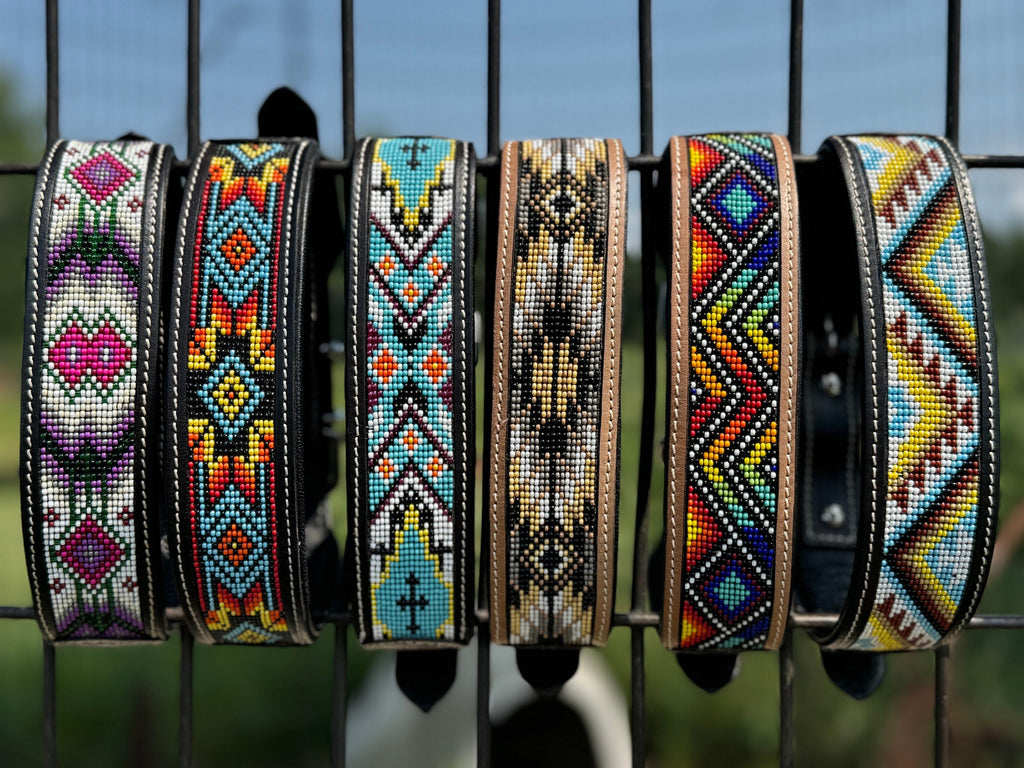 Western leather dog collar tooled & seed bead details by Wild Rags