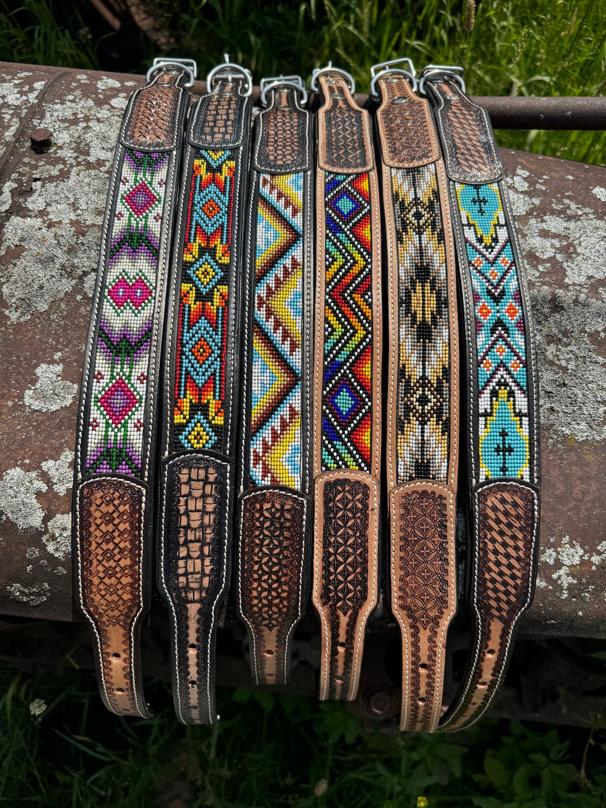 Western leather dog collar tooled & seed bead details by Wild Rags