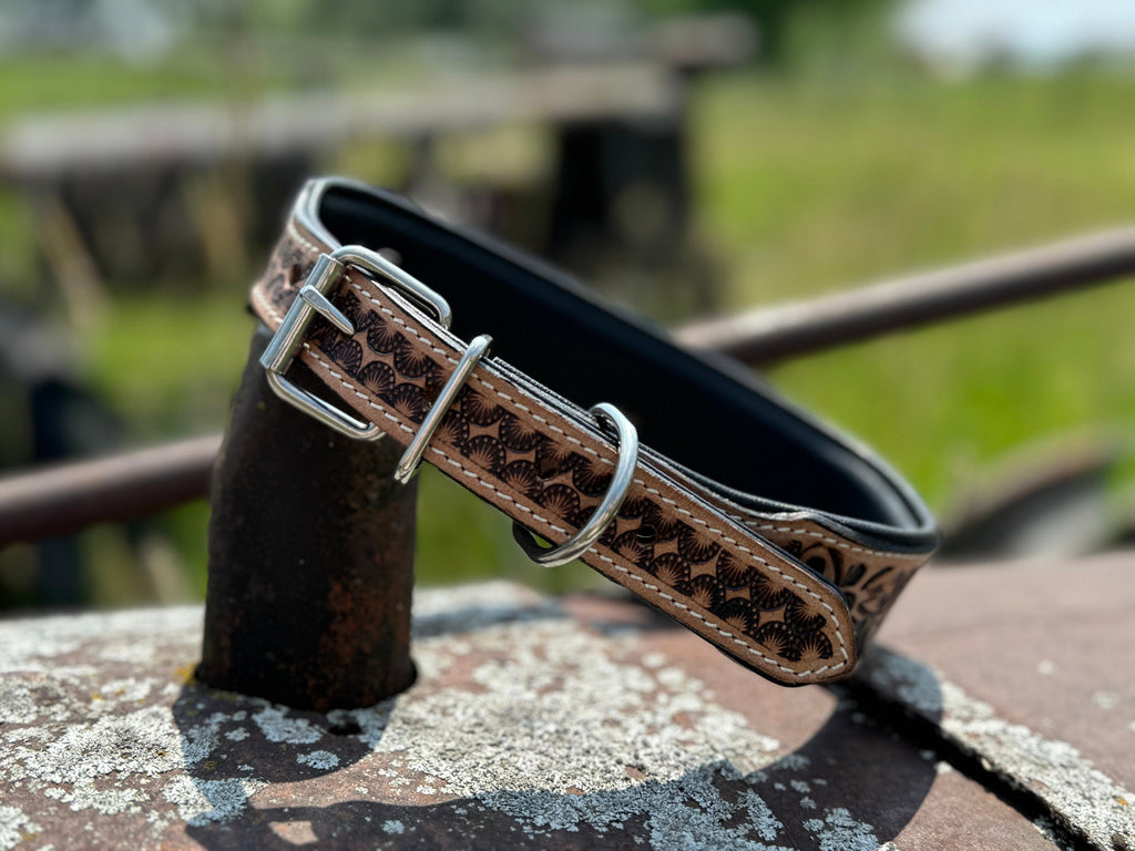 Western leather dog collar tooled & seed bead details by Wild Rags