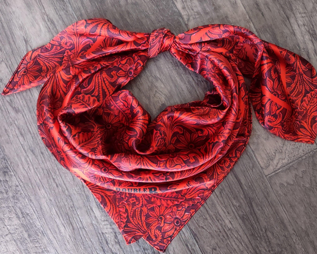 100% SILK 816 Red Tooled Leather Cowboy Western Neck Scarf Bandanna by Double B Wild Rags
