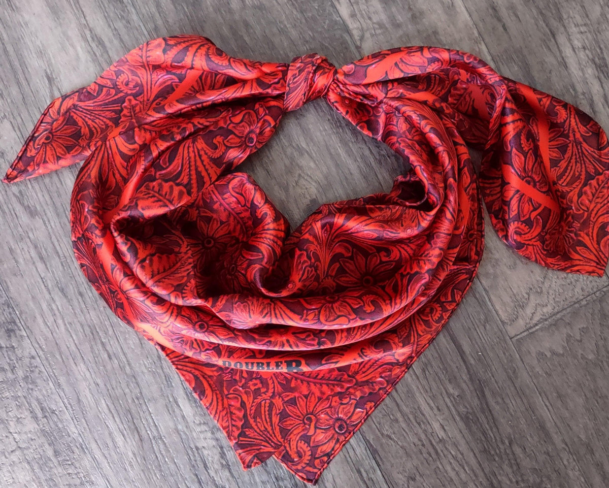 100% SILK 816 Red Tooled Leather Cowboy Western Neck Scarf Bandanna by Double B Wild Rags