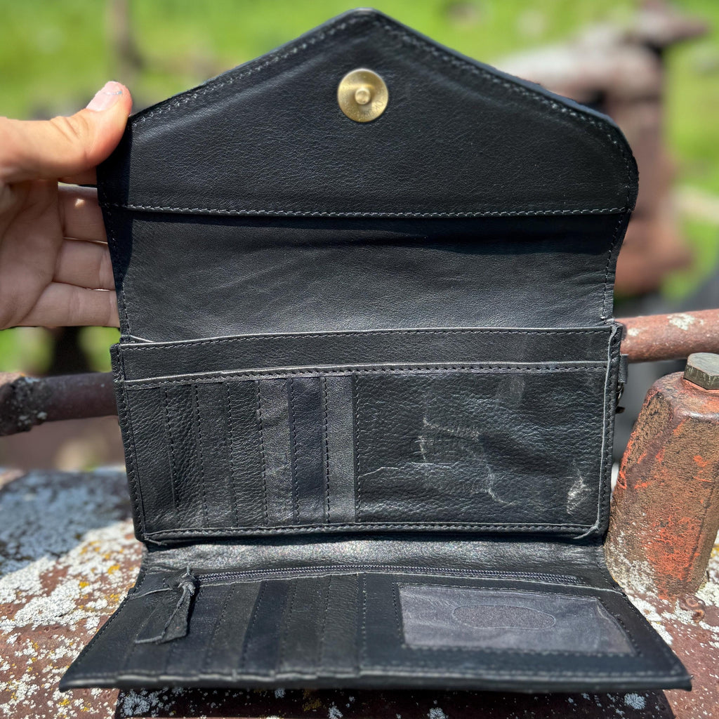 Genuine Western Cowhide Leather Purse & Clutch with Dark Sunflower painted details a Double B Wild Rags Exclusive