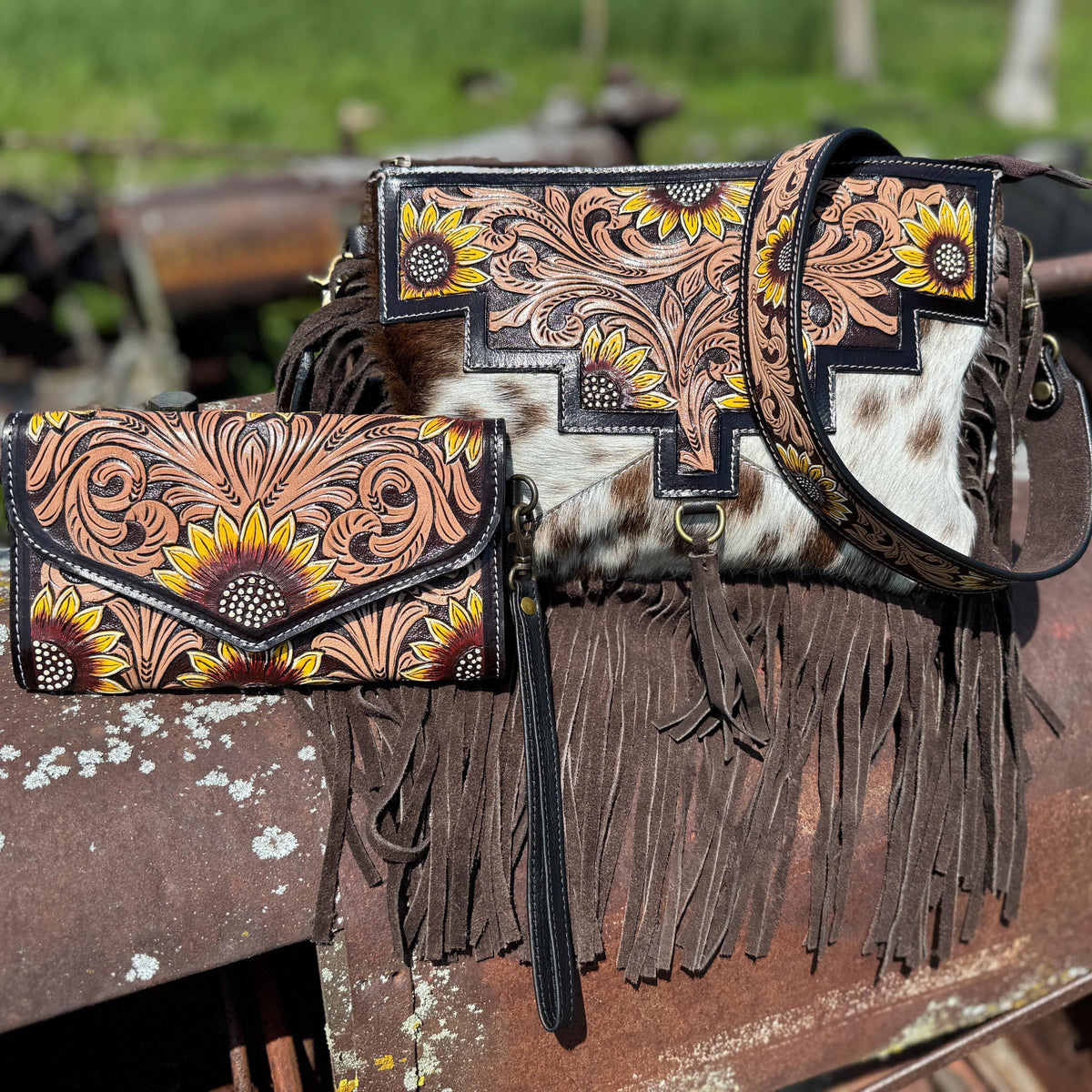 Genuine Western Cowhide Leather Purse & Clutch with Dark Sunflower painted details a Double B Wild Rags Exclusive