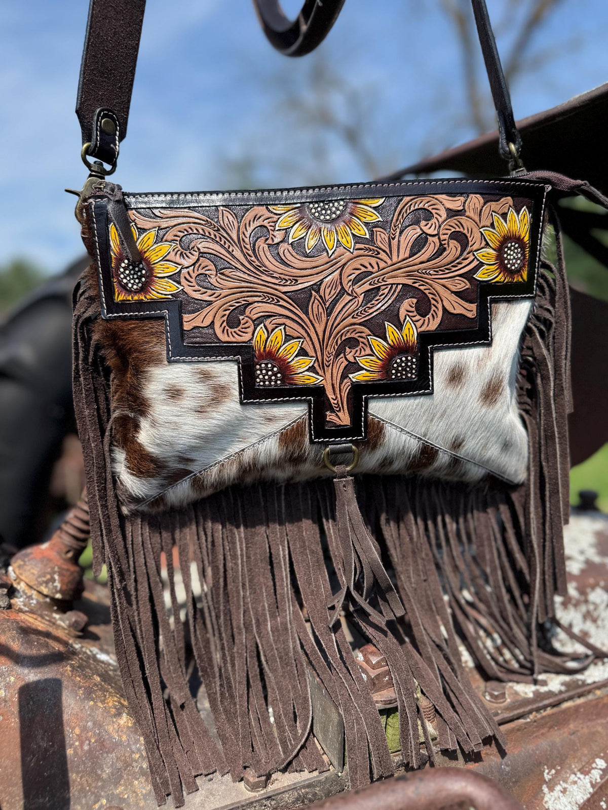 Genuine Western Cowhide Leather Purse & Clutch with Dark Sunflower painted details a Double B Wild Rags Exclusive