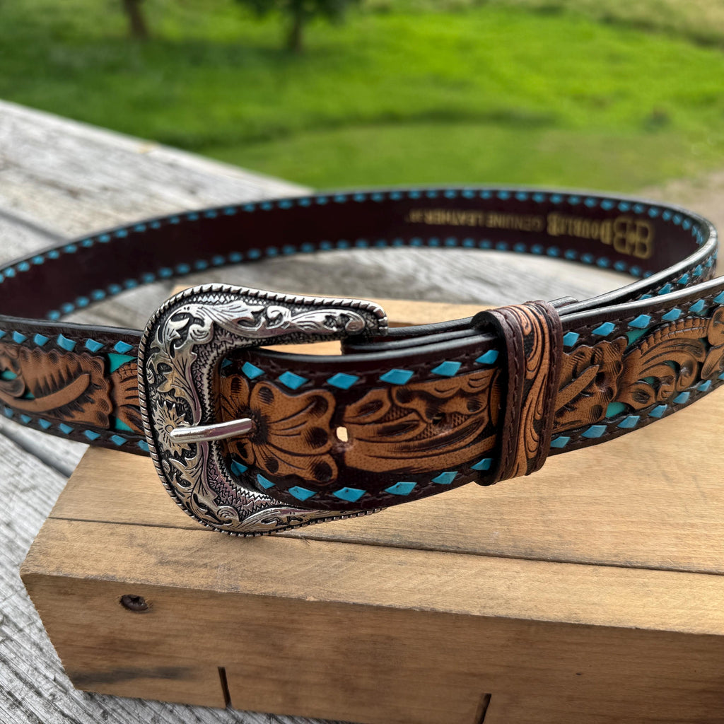 Genuine Leather Western Belt with tooled & buckstitch details by Double B Wild Rags