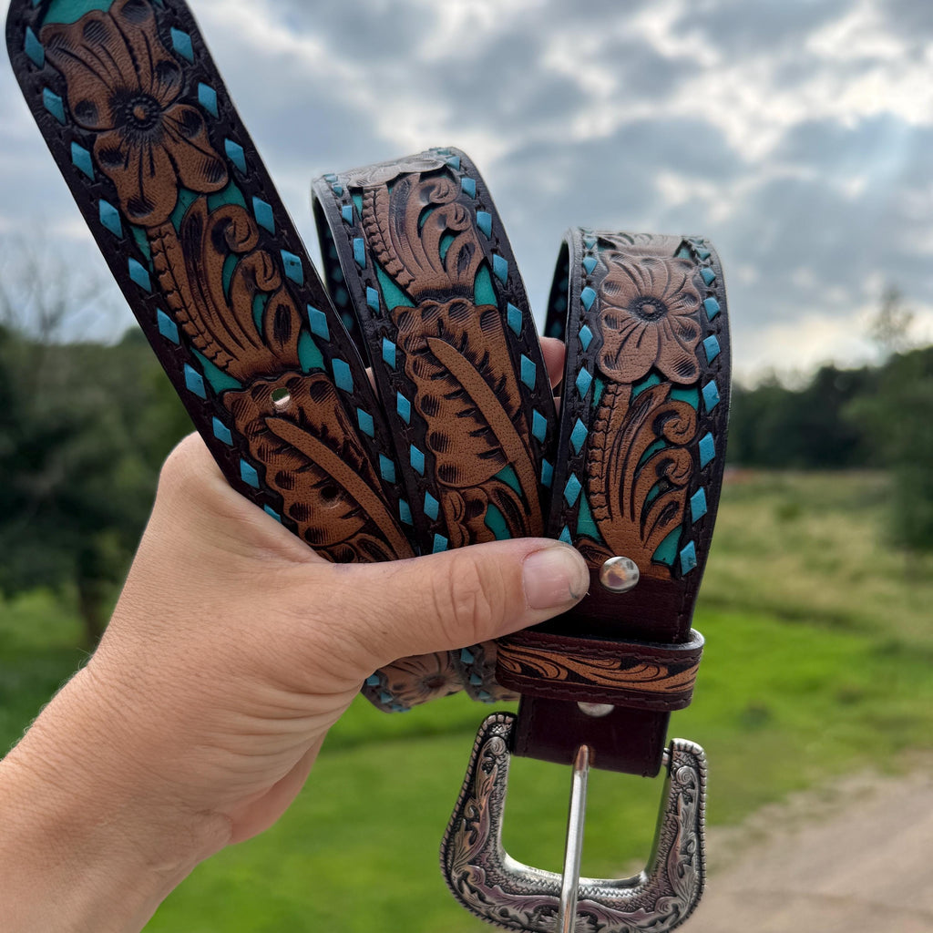 Genuine Leather Western Belt with tooled & buckstitch details by Double B Wild Rags