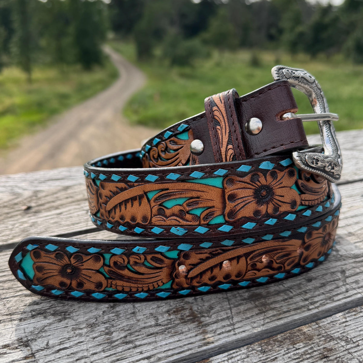 Genuine Leather Western Belt with tooled & buckstitch details by Double B Wild Rags