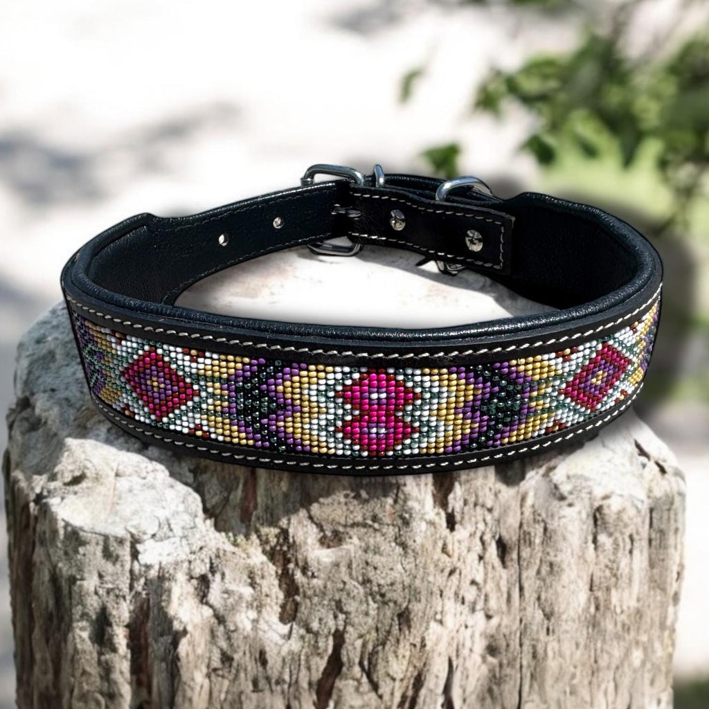 Western leather dog collar tooled & seed bead details by Wild Rags
