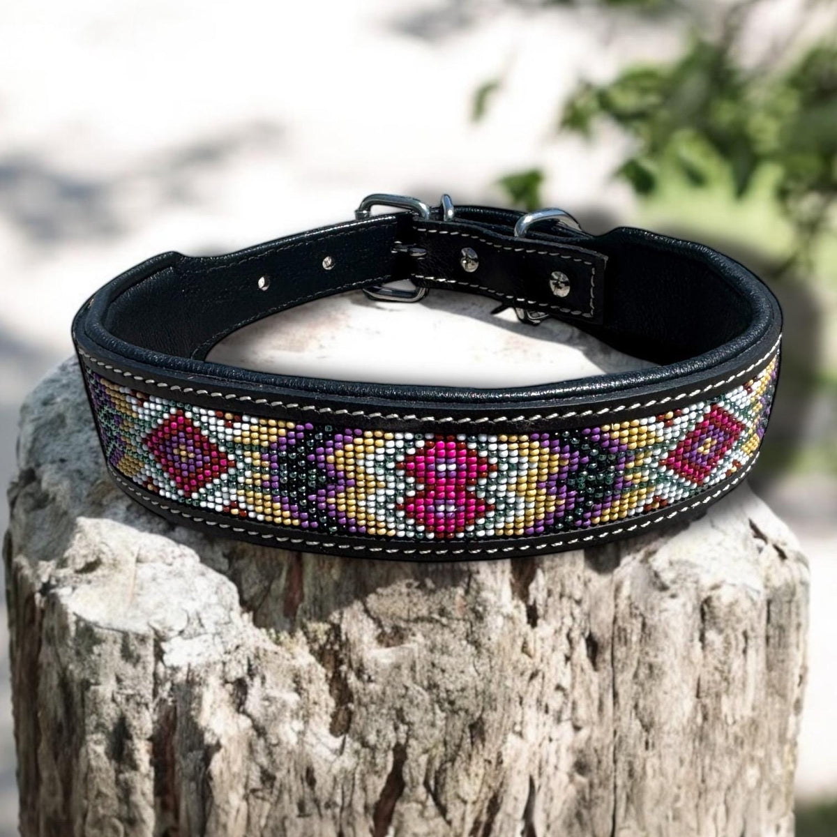 Western leather dog collar tooled & seed bead details by Wild Rags