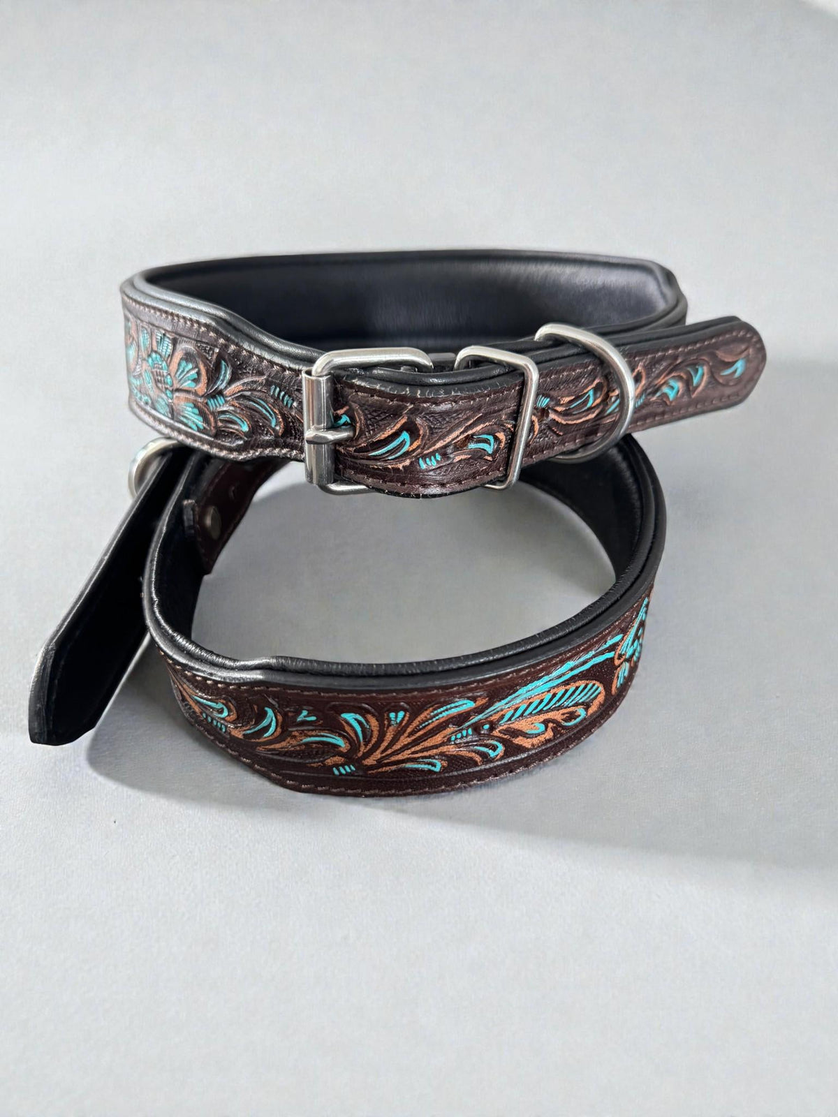 Western leather dog collar with Turquoise Floral details by Wild Rags