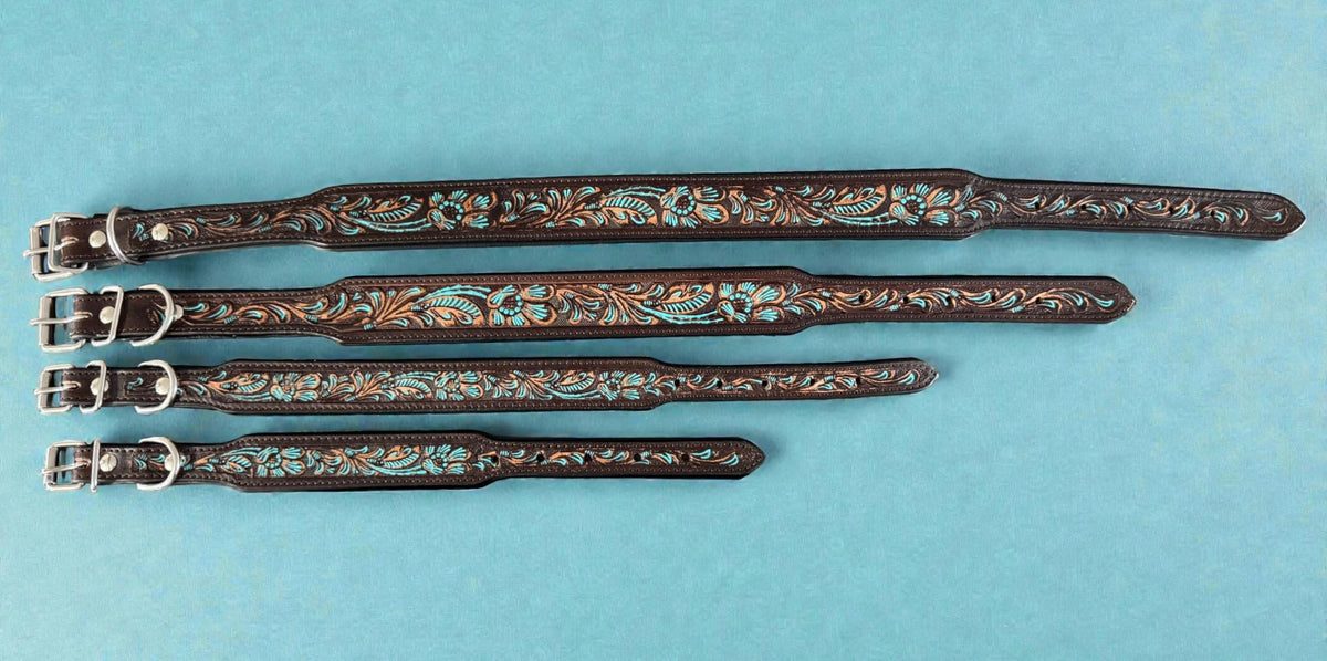 Western leather dog collar with Turquoise Floral details by Wild Rags
