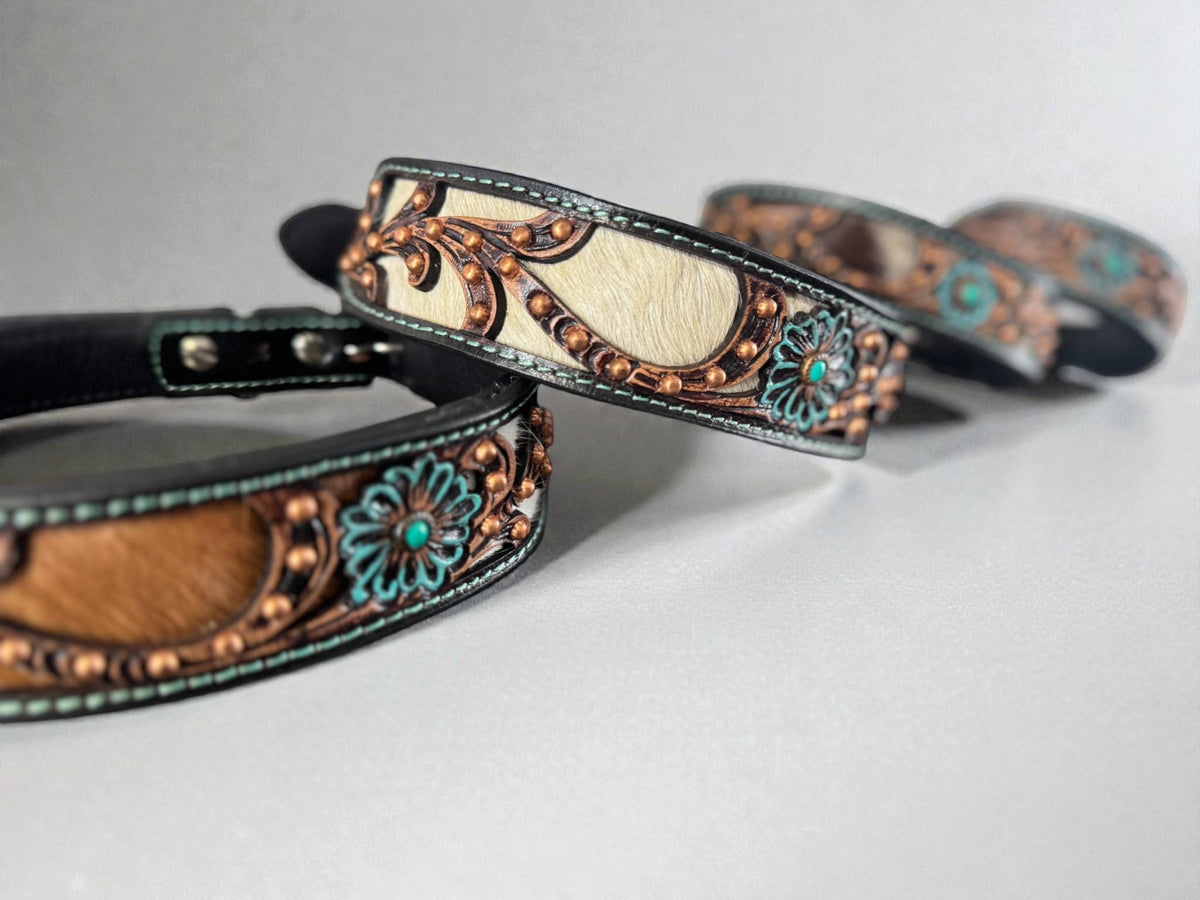 Western leather dog collar 3D inlay with Turquoise Floral details by Wild Rags