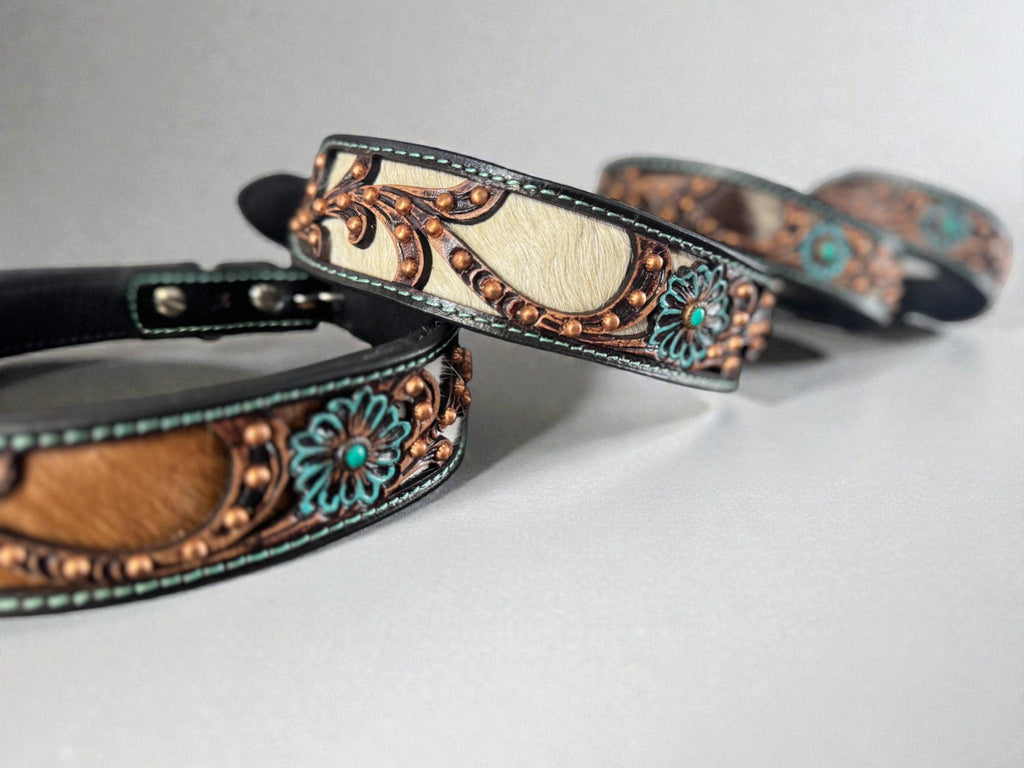Western leather dog collar 3D inlay with Turquoise Floral details by Wild Rags