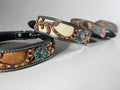 Western leather dog collar 3D inlay with Turquoise Floral details by Wild Rags